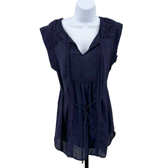 Daniel Rainn Bohemian Top WMNS S Navy Boho Anthropologie Shirt Peephole V-neck - Picture 1 of 6